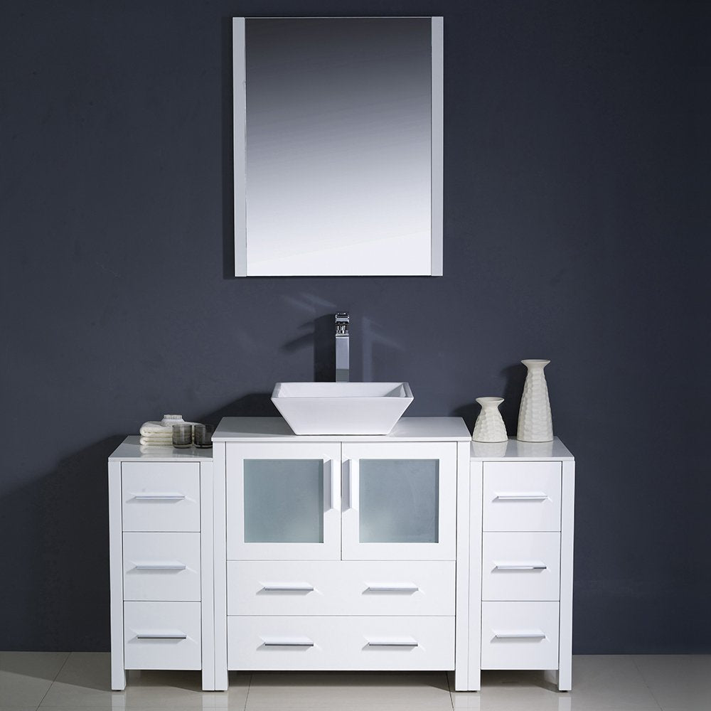 Fresca FVN62-123012WH-VSL Fresca Torino 54" White Modern Bathroom Vanity w/ 2 Side Cabinets & Vessel Sink