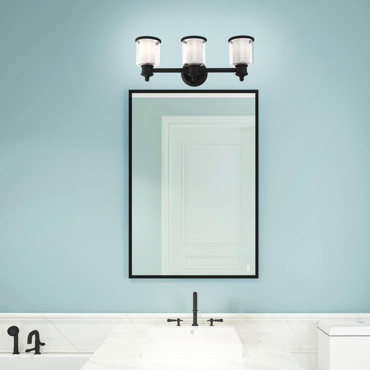 Livex Lighting 40213-35 Middlebush Collection 3-Light Bathroom Vanity Light with Double Shaded Hand Crafted Glass Shades, Polished Nickel, 23.5 x 6.5 x 9
