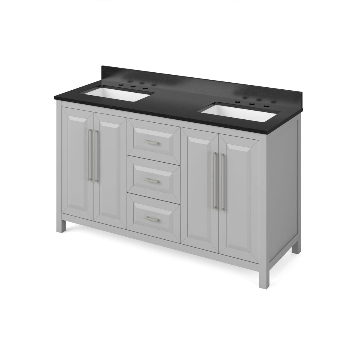 Jeffrey Alexander VKITCAD60GRBGR 60" Grey Cade Vanity, double bowl, Black Granite Vanity Top, undermount rectangle bowl