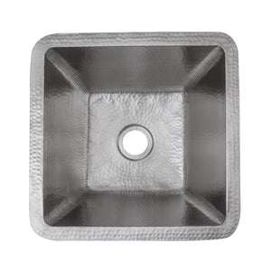 Premier Copper Products BS15EN2 15-Inch Square Hammered Copper Bar/Prep Sink in Nickel w/ 2-Inch Drain Opening