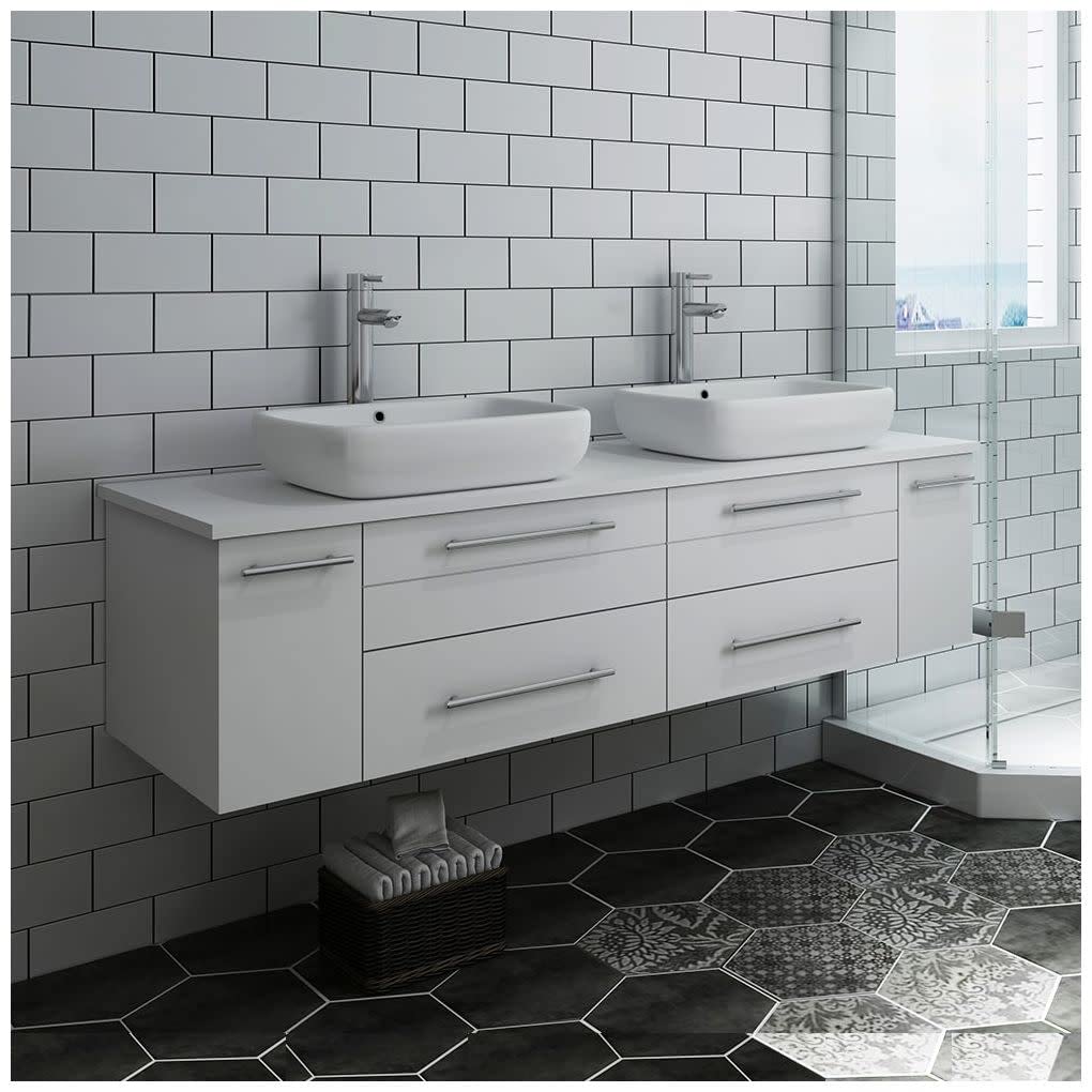 Fresca FCB6160WH-VSL-D-CWH-V Fresca Lucera 60" White Wall Hung Modern Bathroom Cabinet w/ Top & Double Vessel Sinks