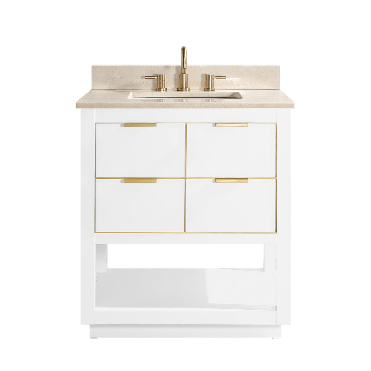 Avanity Allie 31 in. Vanity Combo in White with Gold Trim and Crema Marfil Marble Top