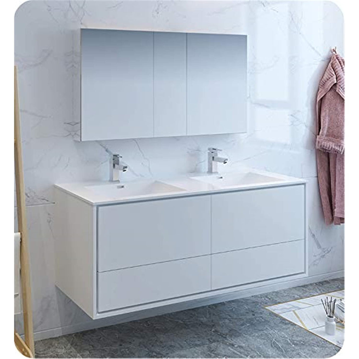 Fresca FVN9260WH-D Fresca Catania 60" Glossy White Wall Hung Double Sink Modern Bathroom Vanity w/ Medicine Cabinet