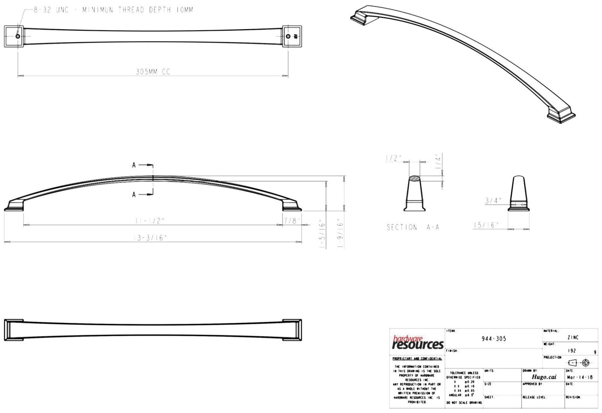 Jeffrey Alexander 944-305PC 305 mm Center-to-Center Polished Chrome Arched Roman Cabinet Pull