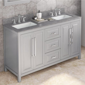 Jeffrey Alexander VKITCAD60GRSGR 60" Grey Cade Vanity, double bowl, Steel Grey Cultured Marble Vanity Top, undermount rectangle bowl