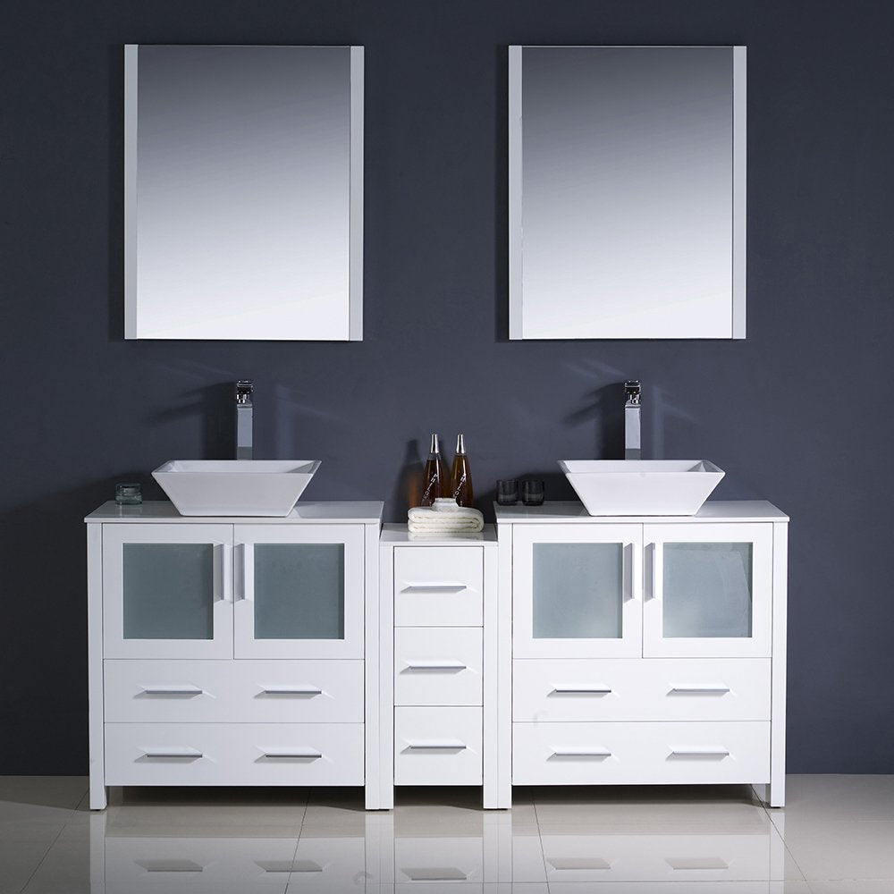 Fresca FVN62-301230WH-VSL Fresca Torino 72" White Modern Double Sink Bathroom Vanity w/ Side Cabinet & Vessel Sinks