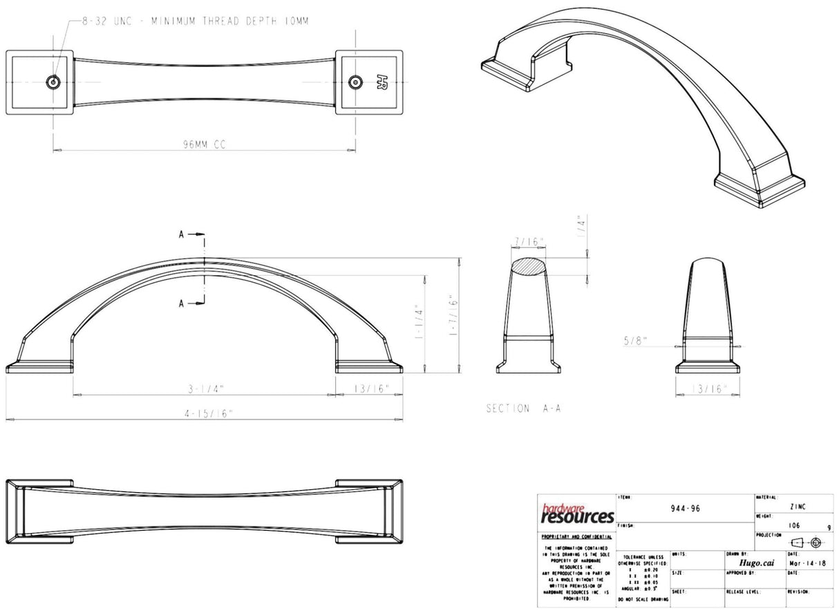 Jeffrey Alexander 944-96NI 96 mm Center-to-Center Polished Nickel Arched Roman Cabinet Pull