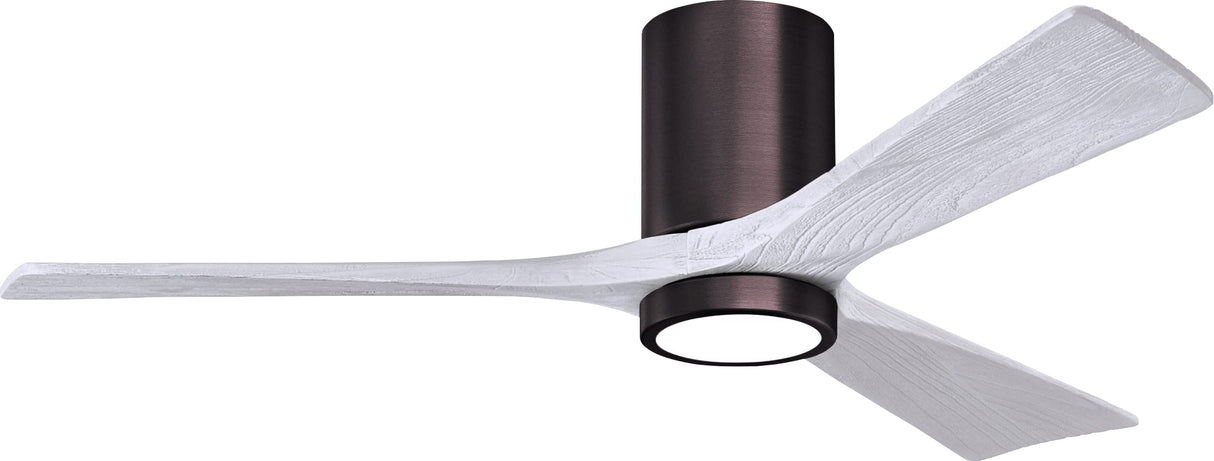 Matthews Fan IR3HLK-BB-MWH-52 Irene-3HLK three-blade flush mount paddle fan in Brushed Bronze finish with 52” solid matte white wood blades and integrated LED light kit.