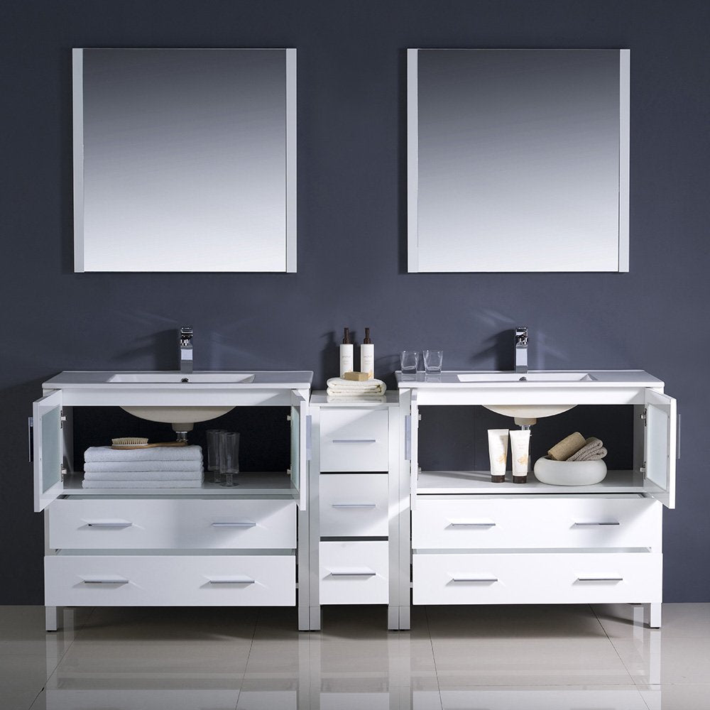 Fresca FVN62-361236WH-UNS Fresca Torino 84" White Modern Double Sink Bathroom Vanity w/ Side Cabinet & Integrated Sinks
