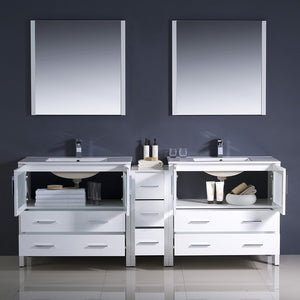 Fresca FVN62-361236WH-UNS Fresca Torino 84" White Modern Double Sink Bathroom Vanity w/ Side Cabinet & Integrated Sinks