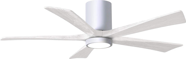 Matthews Fan IR5HLK-WH-MWH-52 IR5HLK five-blade flush mount paddle fan in Gloss White finish with 52” solid matte white wood blades and integrated LED light kit.