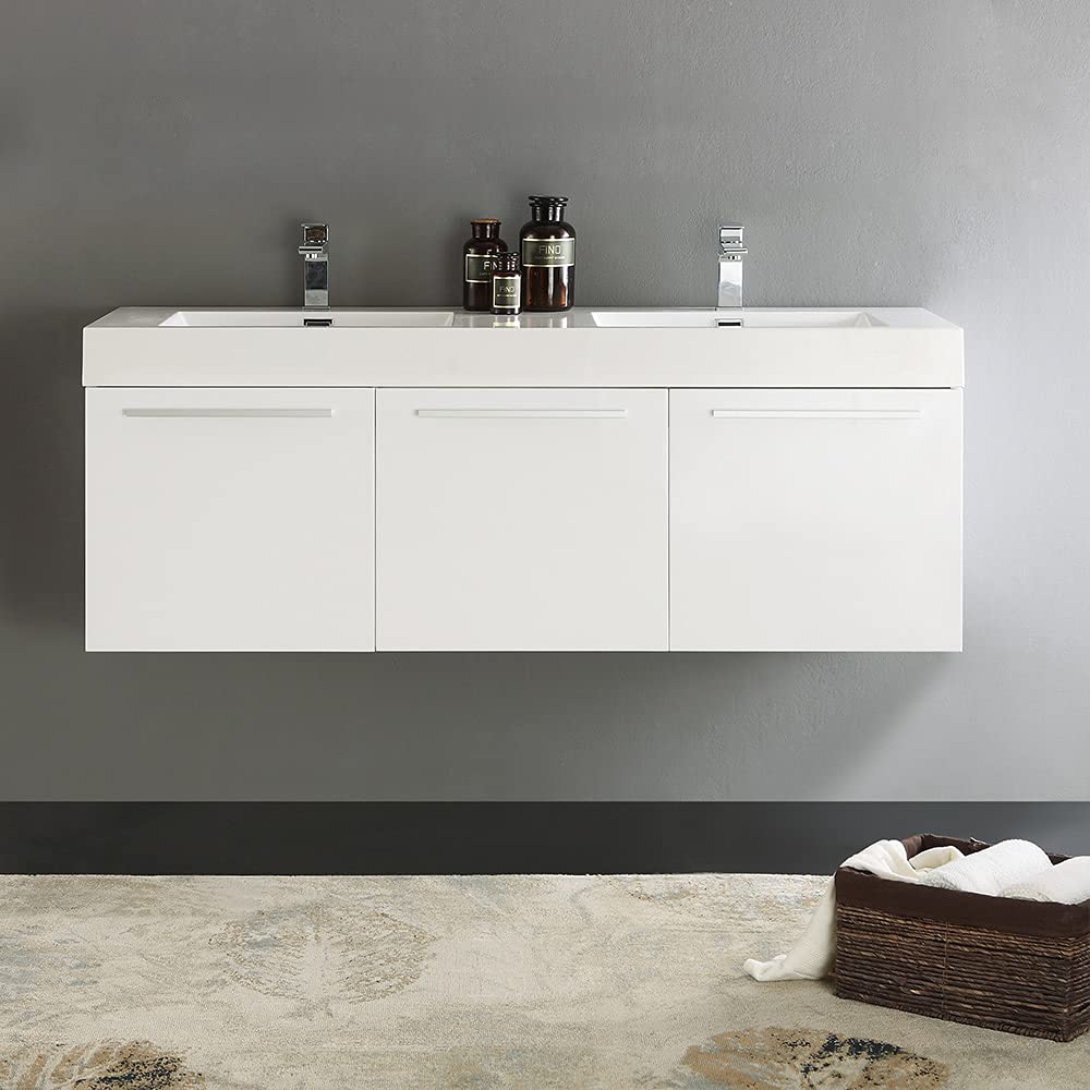 Fresca FCB8093TK-D-I Fresca Vista 60" Teak Wall Hung Double Sink Modern Bathroom Cabinet w/ Integrated Sink