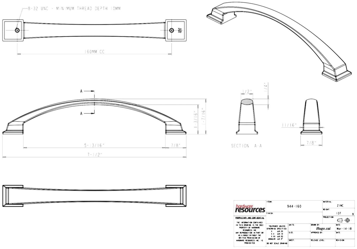 Jeffrey Alexander 944-160DBAC 160 mm Center-to-Center Brushed Oil Rubbed Bronze Arched Roman Cabinet Pull