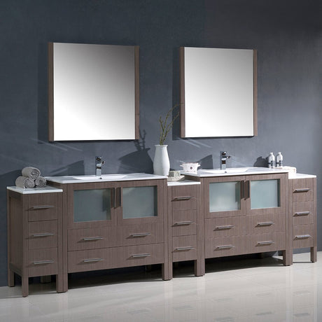 Fresca FVN62-108GO-UNS Fresca Torino 108" Gray Oak Modern Double Sink Bathroom Vanity w/ 3 Side Cabinets & Integrated Sinks