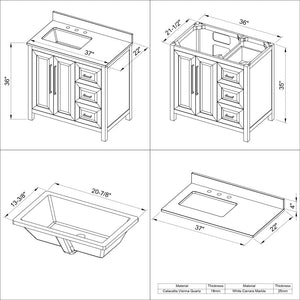 Jeffrey Alexander VKITCAD36BLBOR 36" Hale Blue Cade Vanity, left offset, Boulder Vanity Cultured Marble Vanity Top, undermount rectangle bowl