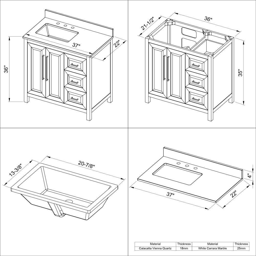 Jeffrey Alexander VKITCAD36GRCQR 36" Grey Cade Vanity, left offset, Calacatta Vienna Quartz Vanity Top, undermount rectangle bowl