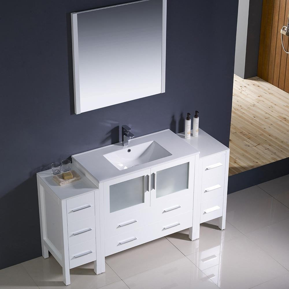 Fresca FVN62-123612WH-UNS Fresca Torino 60" White Modern Bathroom Vanity w/ 2 Side Cabinets & Integrated Sink