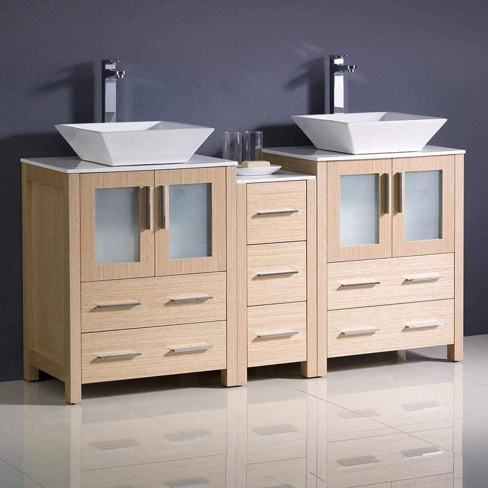 Fresca FCB62-241224WH-CWH-V Fresca Torino 60" White Modern Double Sink Bathroom Cabinets w/ Tops & Vessel Sinks