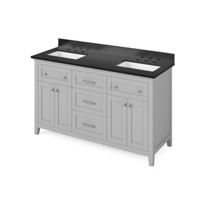 Jeffrey Alexander VKITCHA60GRBGR 60" Grey Chatham Vanity, double bowl, Black Granite Vanity Top, two undermount rectangle bowls