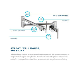 Elkay LKAV4091CR Avado Wall Mount Single Hole Pot Filler Kitchen Faucet with Lever Handles, Chrome