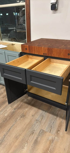 30” Cherry John Boos Butcher Block and 30” Navy Base Cabinet with Drawers