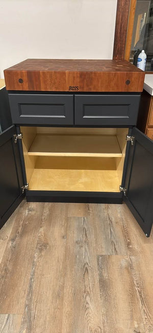 30” Cherry John Boos Butcher Block and 30” Navy Base Cabinet with Drawers