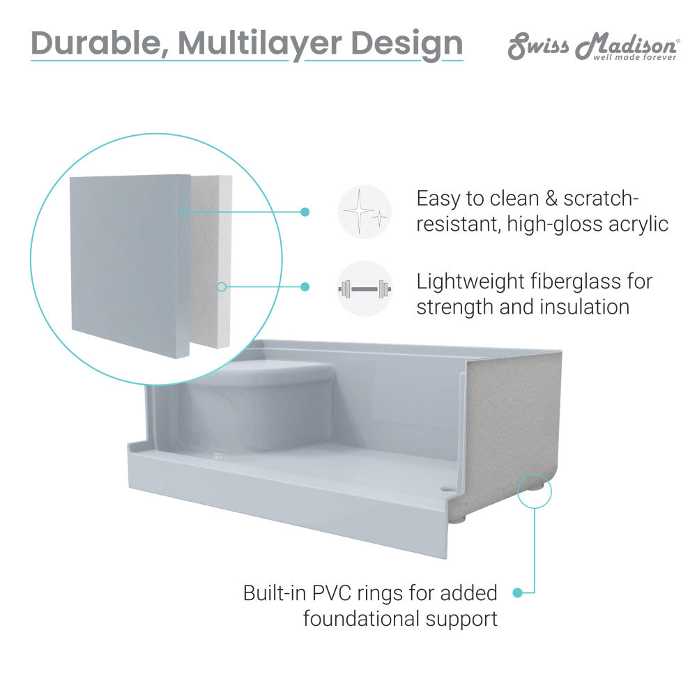 Aquatique 60 X 32 Single Threshold Shower Base With Right Hand Drain and Integral Left Hand Seat in Grey