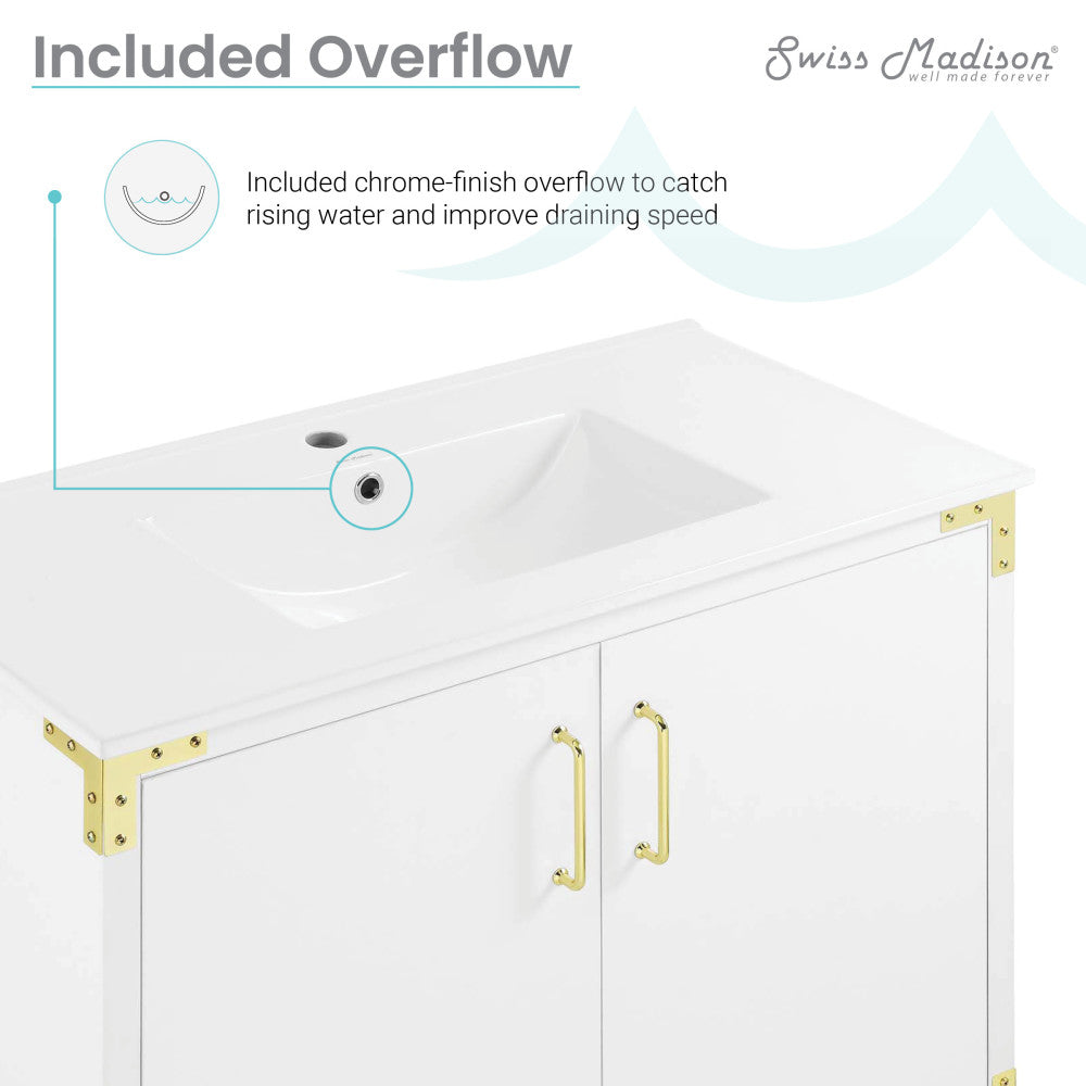 Voltaire 36" Single, Bathroom Vanity in White with Gold Hardware