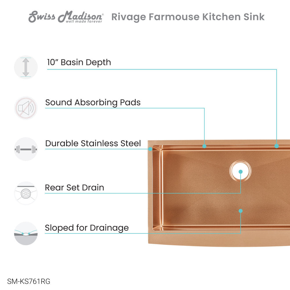 Rivage 36 x 21 Stainless Steel, Single Basin, Farmhouse Kitchen Sink with Apron in Rose Gold