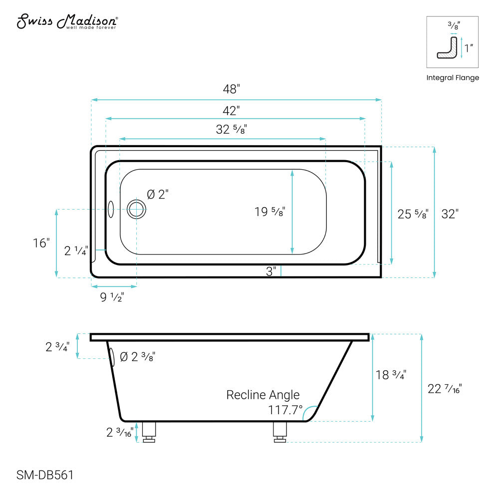 Voltaire 48" X 32" Left-Hand Drain Alcove Bathtub