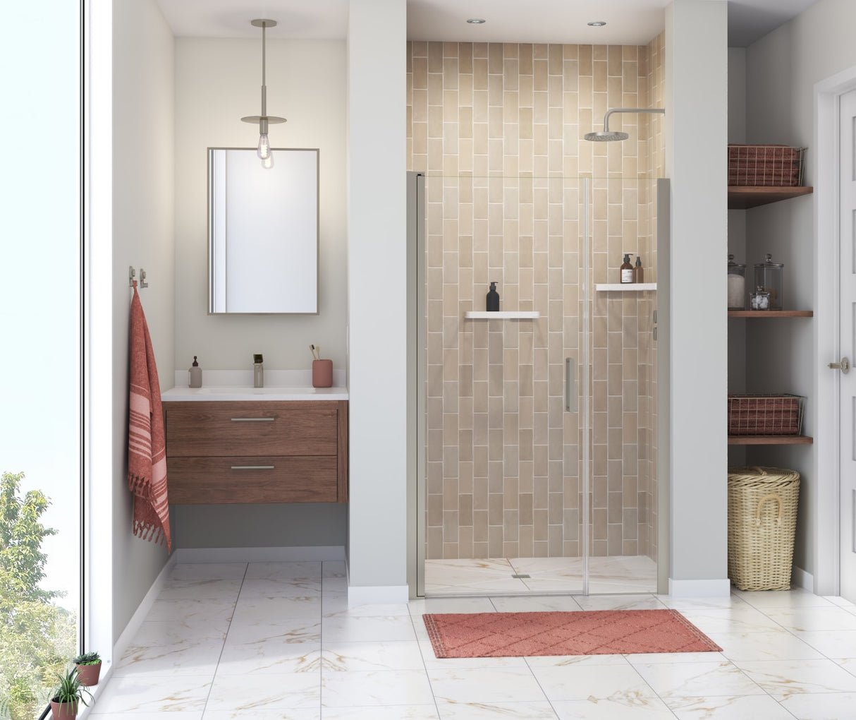 MAAX 138271-900-305-100 Manhattan 45-47 x 68 in. 6 mm Pivot Shower Door for Alcove Installation with Clear glass & Round Handle in Brushed Nickel