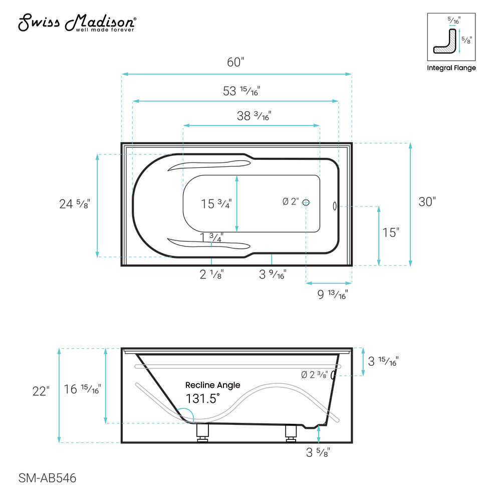 Ivy 60" X 30" Right-Hand Drain Alcove Bathtub with Apron