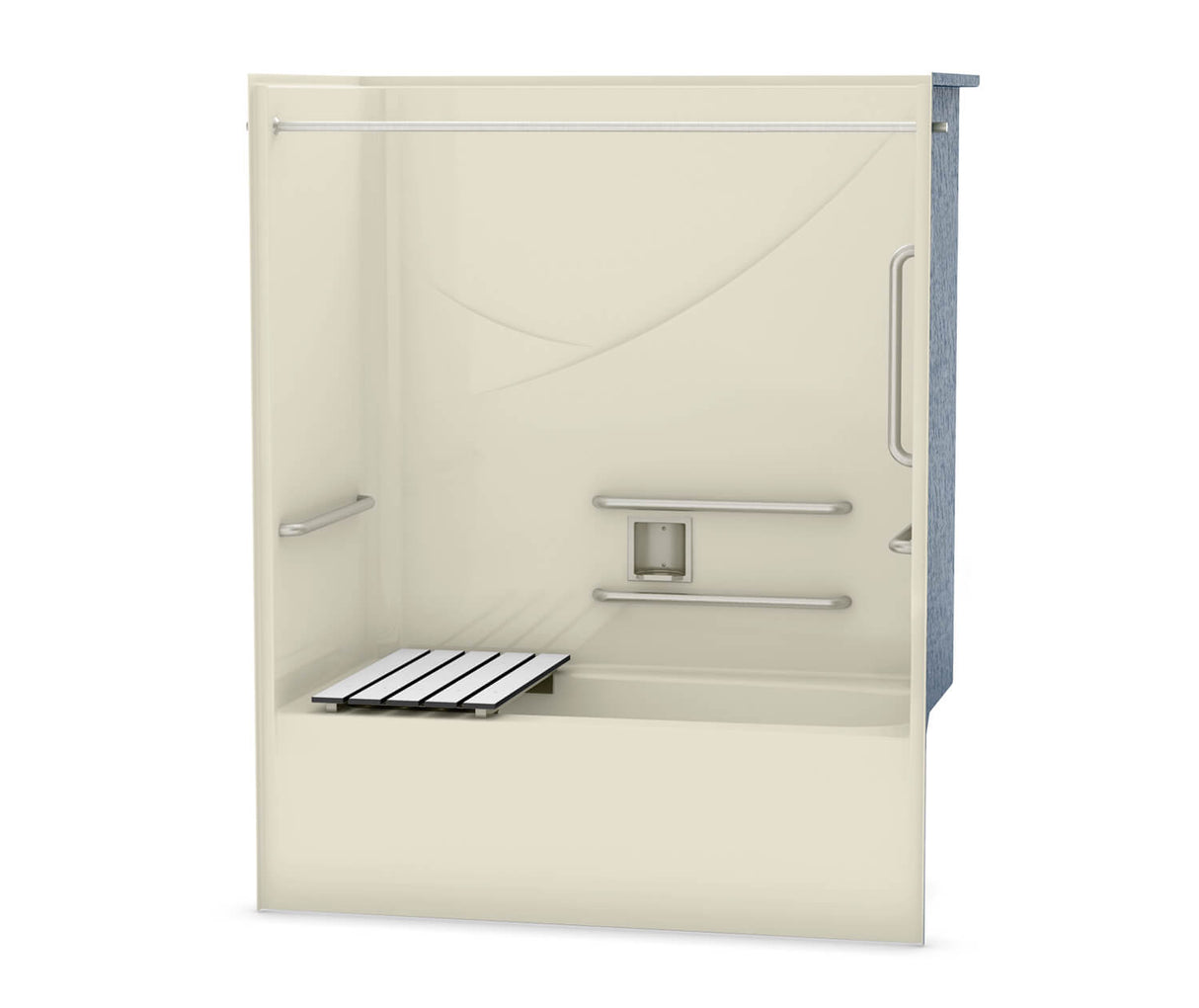 Aker OPTS-6032 AcrylX Alcove Right-Hand Drain One-Piece Tub Shower in Sterling Silver - ANSI Grab Bars and Seat