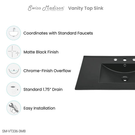 36 inch Ceramic Vanity Sink Top in Matte Black with 3 Holes