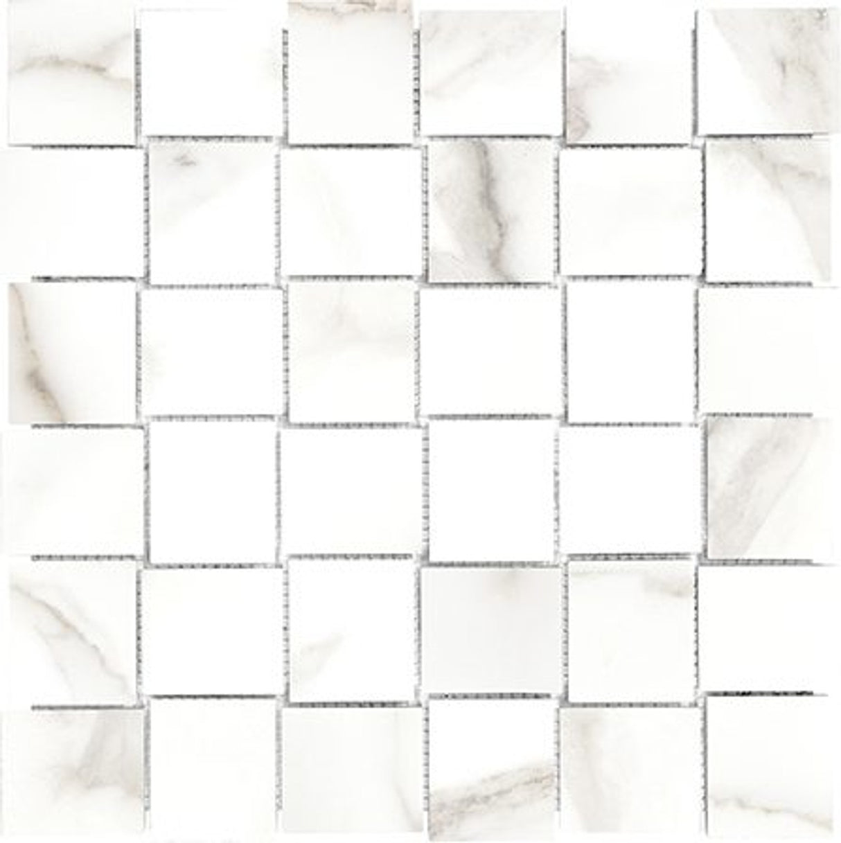 Anatolia Tile 2X2 Basketweave Mayfair Calacatta Oro Matte Porcelain Mosaics. 1 Sheet = .98 Sq. Ft. 4501-0128-1 Calacatta Oro 2x2 Basketweave Matte - premium natural stone mosaic tile from Anatolia Tile, available at PoshHaus showroom in Keene, NH