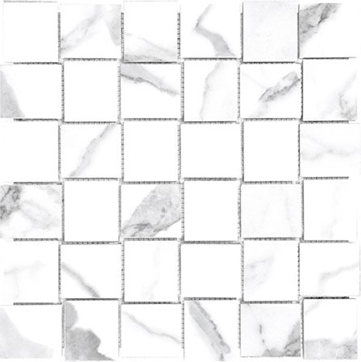 Anatolia Tile 2X2 Basketweave Mayfair Statuario Venato Polished Porcelain Mosaics. 1 Sheet = .98 Sq. Ft. 4501-0140-1 Statuario Venato 2x2 Basketweave Polished - premium natural stone mosaic tile from Anatolia Tile, available at PoshHaus showroom in Keene, NH
