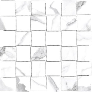 Anatolia Tile 2X2 Basketweave Mayfair Statuario Venato Polished Porcelain Mosaics. 1 Sheet = .98 Sq. Ft. 4501-0140-1 Statuario Venato 2x2 Basketweave Polished - premium natural stone mosaic tile from Anatolia Tile, available at PoshHaus showroom in Keene, NH
