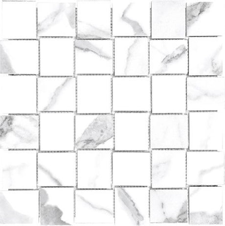Anatolia Tile 2X2 Basketweave Mayfair Statuario Venato Polished Porcelain Mosaics. 1 Sheet = .98 Sq. Ft. 4501-0140-1 Statuario Venato 2x2 Basketweave Polished - premium natural stone mosaic tile from Anatolia Tile, available at PoshHaus showroom in Keene, NH