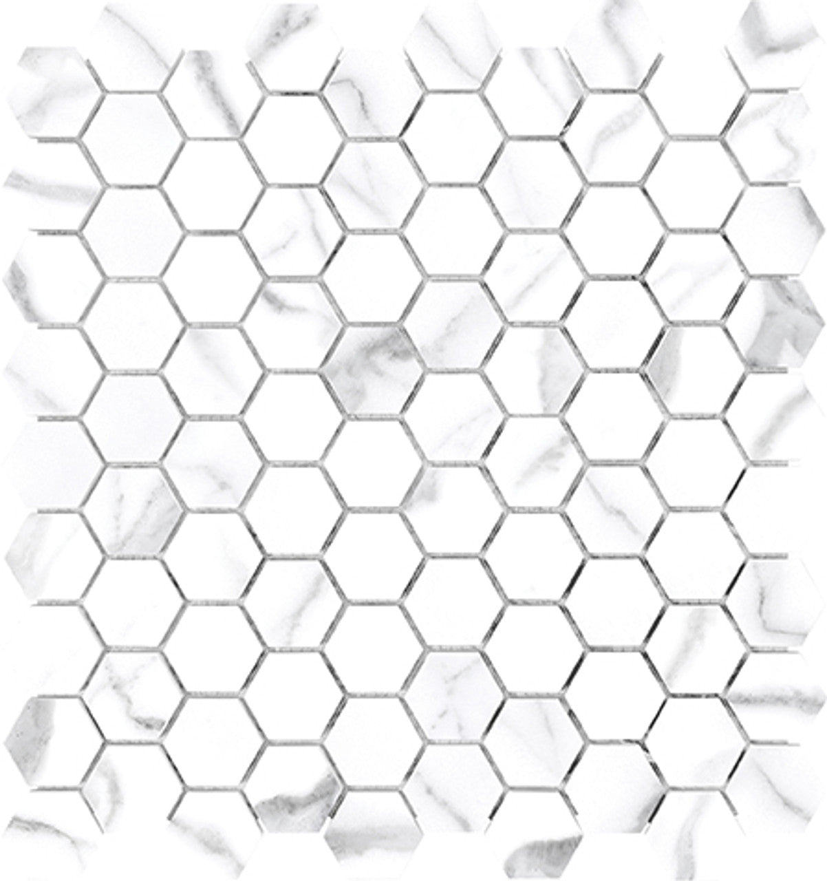 Anatolia Tile 1.25 Inch Mayfair Statuario Venato Polished Porcelain Hexagon Mosaics. 1 Sheet = .97 Sq. Ft. 4501-0147-1 Statuario Venato 1.25" Hexagon - premium natural stone mosaic tile from Anatolia Tile, available at PoshHaus showroom in Keene, NH