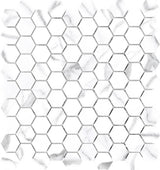 Anatolia Tile 1.25 Inch Mayfair Statuario Venato Polished Porcelain Hexagon Mosaics. 1 Sheet = .97 Sq. Ft. 4501-0147-1 Statuario Venato 1.25" Hexagon - premium natural stone mosaic tile from Anatolia Tile, available at PoshHaus showroom in Keene, NH