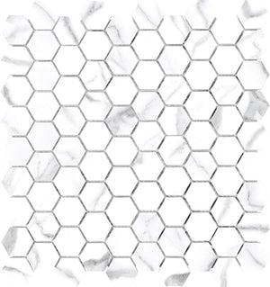 Anatolia Tile 1.25 Inch Mayfair Statuario Venato Polished Porcelain Hexagon Mosaics. 1 Sheet = .97 Sq. Ft. 4501-0147-1 Statuario Venato 1.25" Hexagon - premium natural stone mosaic tile from Anatolia Tile, available at PoshHaus showroom in Keene, NH