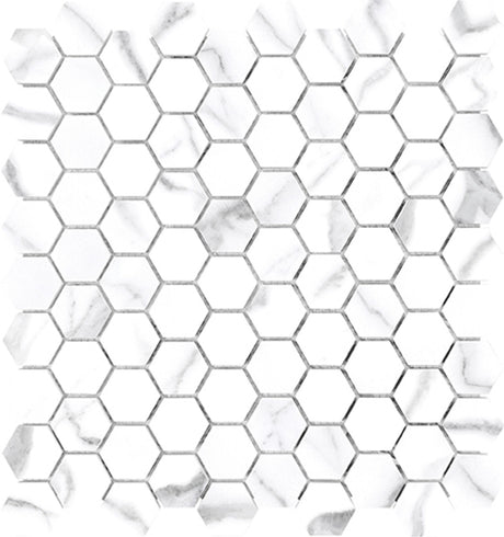 Anatolia Tile 1.25 Inch Mayfair Statuario Venato Polished Porcelain Hexagon Mosaics. 1 Sheet = .97 Sq. Ft. 4501-0147-1 Statuario Venato 1.25" Hexagon - premium natural stone mosaic tile from Anatolia Tile, available at PoshHaus showroom in Keene, NH