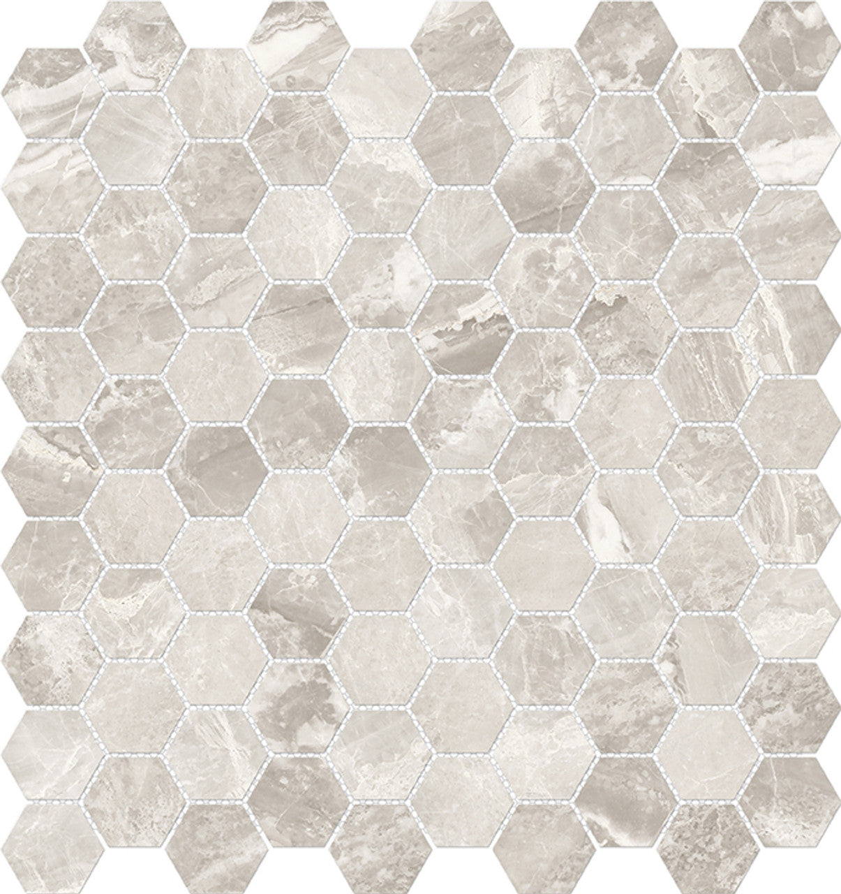 Anatolia Tile 1.25 Inch Mayfair Stella Agento Polished Porcelain Hexagon Mosaics. 1 Sheet = .97 Sq. Ft. 4501-0148-1 Stella Argento 1.25" Hexagon - premium natural stone mosaic tile from Anatolia Tile, available at PoshHaus showroom in Keene, NH