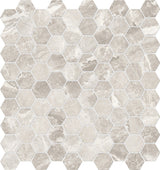 Anatolia Tile 1.25 Inch Mayfair Stella Agento Polished Porcelain Hexagon Mosaics. 1 Sheet = .97 Sq. Ft. 4501-0148-1 Stella Argento 1.25" Hexagon - premium natural stone mosaic tile from Anatolia Tile, available at PoshHaus showroom in Keene, NH