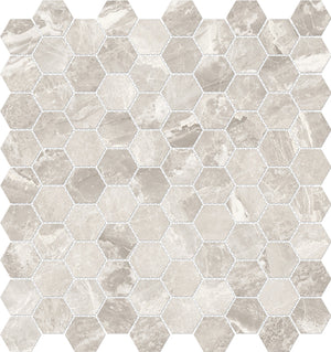 Anatolia Tile 1.25 Inch Mayfair Stella Agento Polished Porcelain Hexagon Mosaics. 1 Sheet = .97 Sq. Ft. 4501-0148-1 Stella Argento 1.25" Hexagon - premium natural stone mosaic tile from Anatolia Tile, available at PoshHaus showroom in Keene, NH