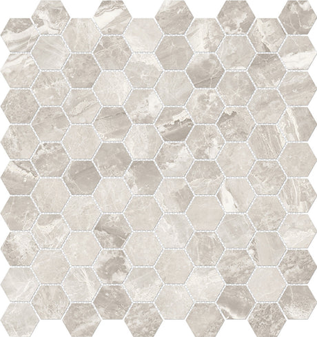 Anatolia Tile 1.25 Inch Mayfair Stella Agento Polished Porcelain Hexagon Mosaics. 1 Sheet = .97 Sq. Ft. 4501-0148-1 Stella Argento 1.25" Hexagon - premium natural stone mosaic tile from Anatolia Tile, available at PoshHaus showroom in Keene, NH