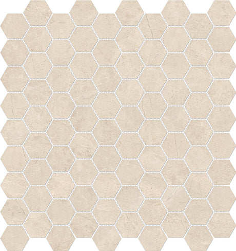 Anatolia Tile 1.25 Inch Mayfair Allure Ivory Polished Porcelain Hexagon Mosaics. 1 Sheet = .97 Sq. Ft. 4501-0145-1 Allure Ivory 1.25" Hexagon - premium natural stone mosaic tile from Anatolia Tile, available at PoshHaus showroom in Keene, NH