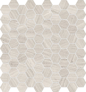 Anatolia Tile 1.25 Inch Mayfair Strada Ash Polished Porcelain Hexagon Mosaics. 1 Sheet = .97 Sq. Ft. 4501-0149-1 Strada Ash 1.25" Hexagon - premium natural stone mosaic tile from Anatolia Tile, available at PoshHaus showroom in Keene, NH