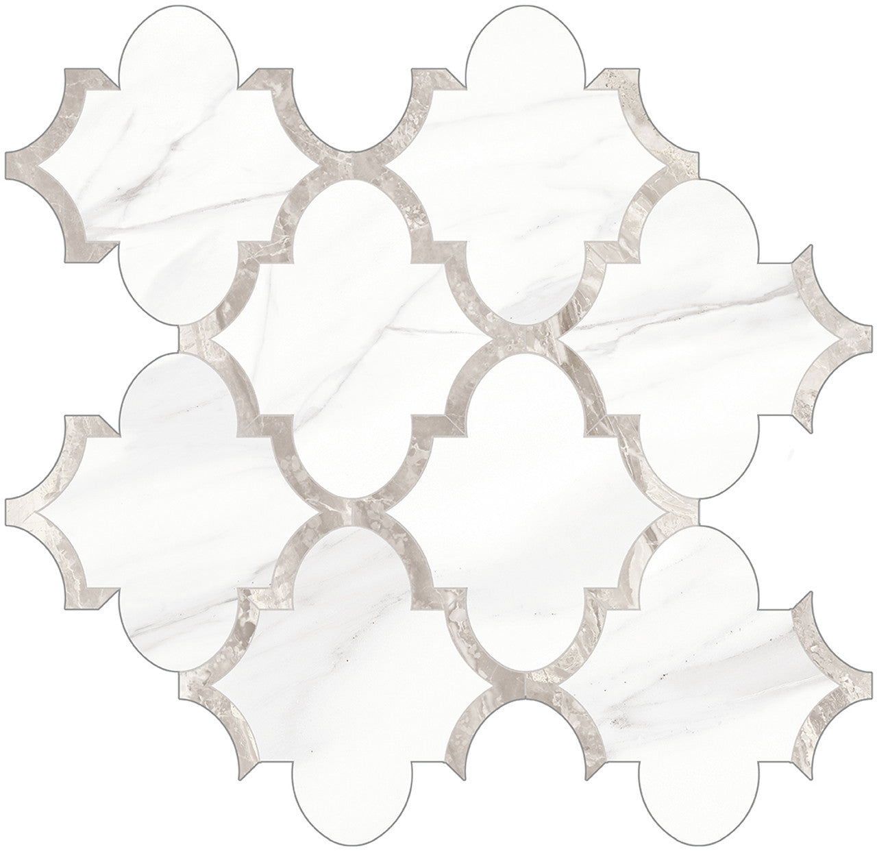 Anatolia Tile Mayfair Volakas Grigio Arabesque Polished Porcelain Mosaics. 1 Sheet = .97 Sq. Ft. 4501-0134-1 Volakas Grigio Arabesque - premium natural stone mosaic tile from Anatolia Tile, available at PoshHaus showroom in Keene, NH