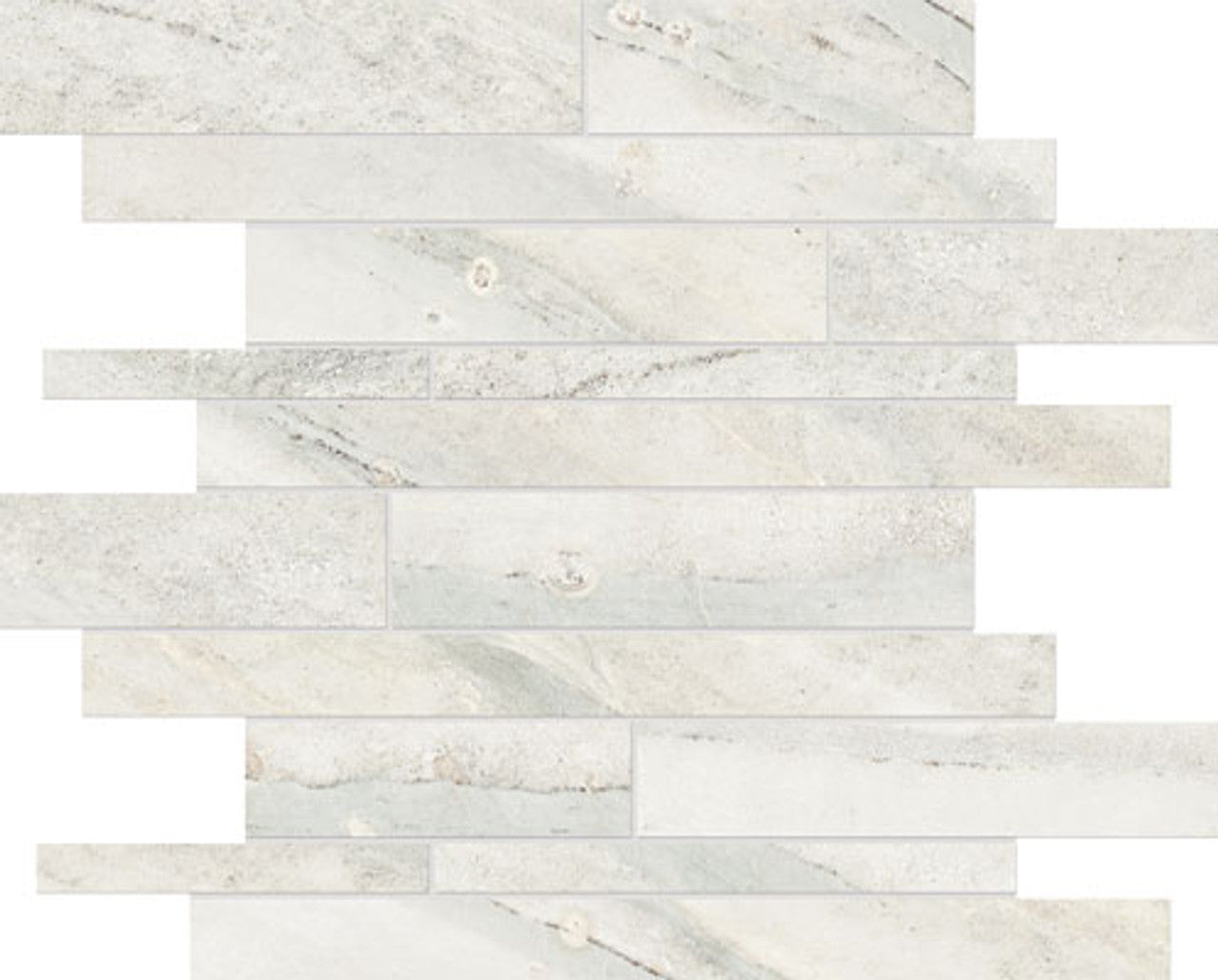 Anatolia Tile Evolution Ice Random Strip Matte Porcelain Mosaics. 1 Sheet = .96 Sq. Ft. 4501-0099-0 (69-200) Ice Random Strip - premium natural stone mosaic tile from Anatolia Tile, available at PoshHaus showroom in Keene, NH